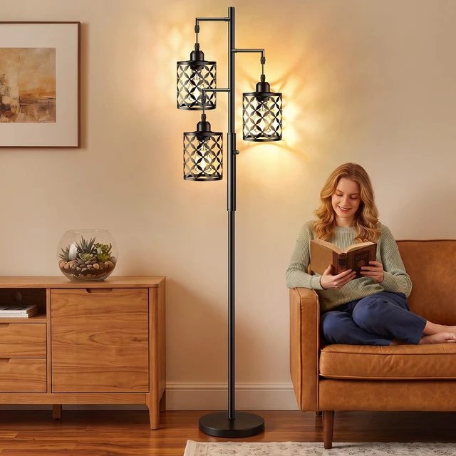 Alt view image 2 of 7 - GHOOCEMLUX 68" Industrial Tree Floor Lamp, Dimmable Farmhouse Tall Standing Lamp with Quatrefoil Cutout Shades & Rotary Dimmer Knob, Corner Light for Living Room Bedroom, 3 x800LM Bulbs Included-Black