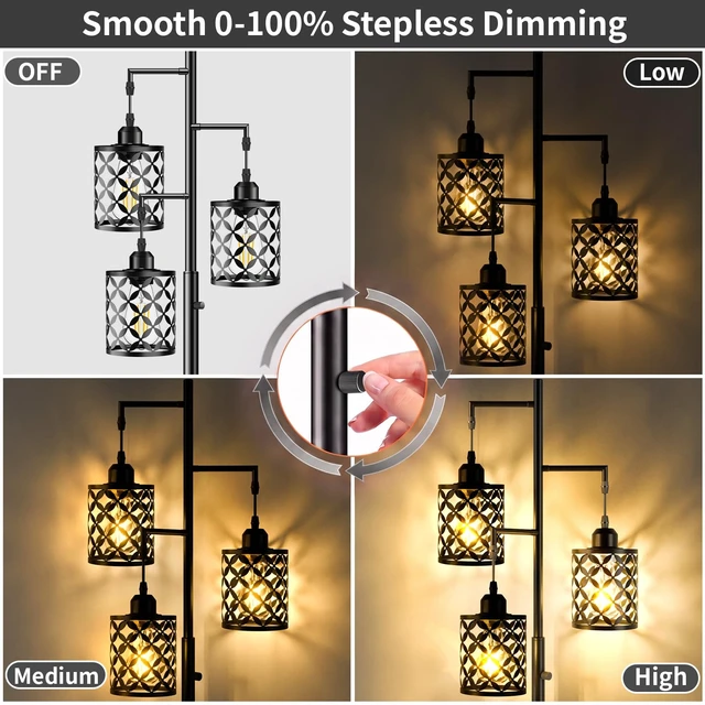 Alt view image 4 of 7 - GHOOCEMLUX 68" Industrial Tree Floor Lamp, Dimmable Farmhouse Tall Standing Lamp with Quatrefoil Cutout Shades & Rotary Dimmer Knob, Corner Light for Living Room Bedroom, 3 x800LM Bulbs Included-Black
