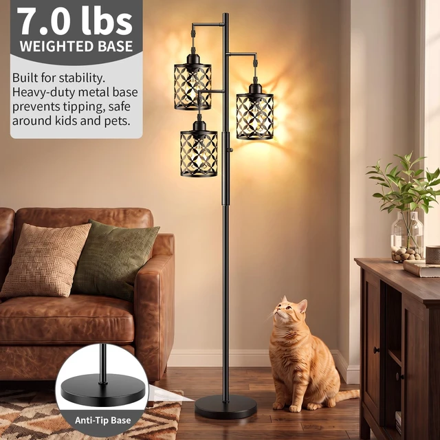 Alt view image 6 of 7 - GHOOCEMLUX 68" Industrial Tree Floor Lamp, Dimmable Farmhouse Tall Standing Lamp with Quatrefoil Cutout Shades & Rotary Dimmer Knob, Corner Light for Living Room Bedroom, 3 x800LM Bulbs Included-Black