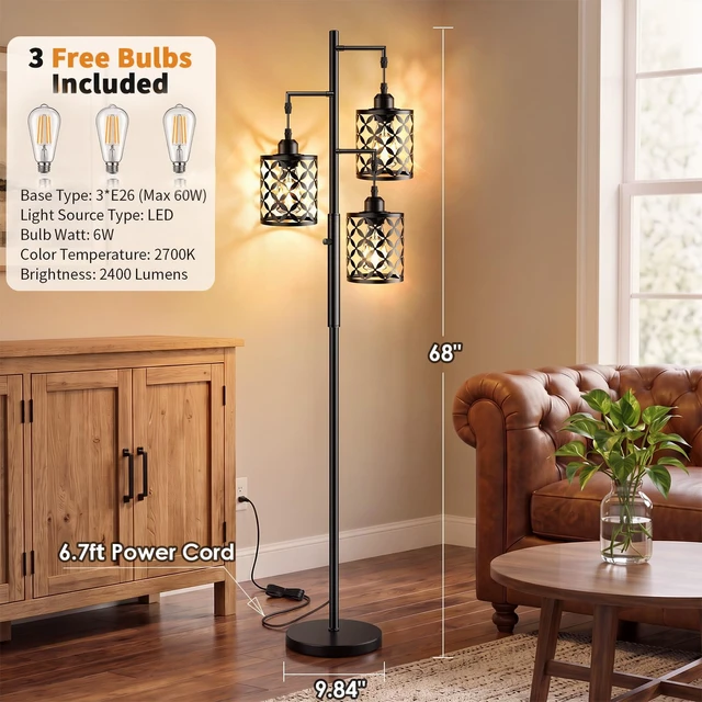 Alt view image 7 of 7 - GHOOCEMLUX 68" Industrial Tree Floor Lamp, Dimmable Farmhouse Tall Standing Lamp with Quatrefoil Cutout Shades & Rotary Dimmer Knob, Corner Light for Living Room Bedroom, 3 x800LM Bulbs Included-Black