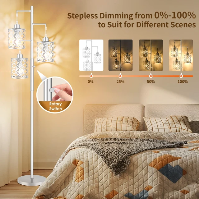 Alt view image 3 of 7 - GHOOCEMLUX 68" Modern Tree Floor Lamp, Dimmable Minimalist Tall Standing Lamp with Metal Cages & Rotary Dimmer Knob, Corner Decor Lighting for Living Room Bedroom Cafe, 3 x 800LM Bulbs Included-Silver