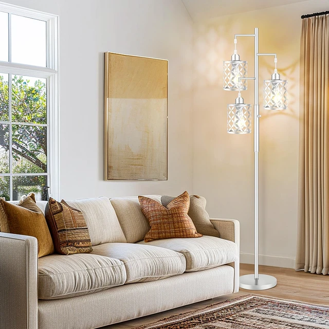 Alt view image 6 of 7 - GHOOCEMLUX 68" Modern Tree Floor Lamp, Dimmable Minimalist Tall Standing Lamp with Metal Cages & Rotary Dimmer Knob, Corner Decor Lighting for Living Room Bedroom Cafe, 3 x 800LM Bulbs Included-Silver