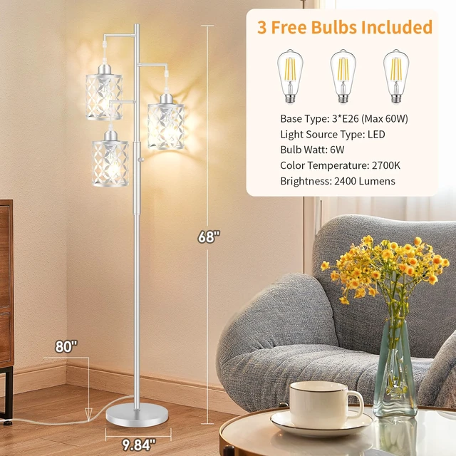 Alt view image 4 of 7 - GHOOCEMLUX 68" Modern Tree Floor Lamp, Dimmable Minimalist Tall Standing Lamp with Metal Cages & Rotary Dimmer Knob, Corner Decor Lighting for Living Room Bedroom Cafe, 3 x 800LM Bulbs Included-Silver