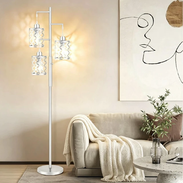 Alt view image 7 of 7 - GHOOCEMLUX 68" Modern Tree Floor Lamp, Dimmable Minimalist Tall Standing Lamp with Metal Cages & Rotary Dimmer Knob, Corner Decor Lighting for Living Room Bedroom Cafe, 3 x 800LM Bulbs Included-Silver