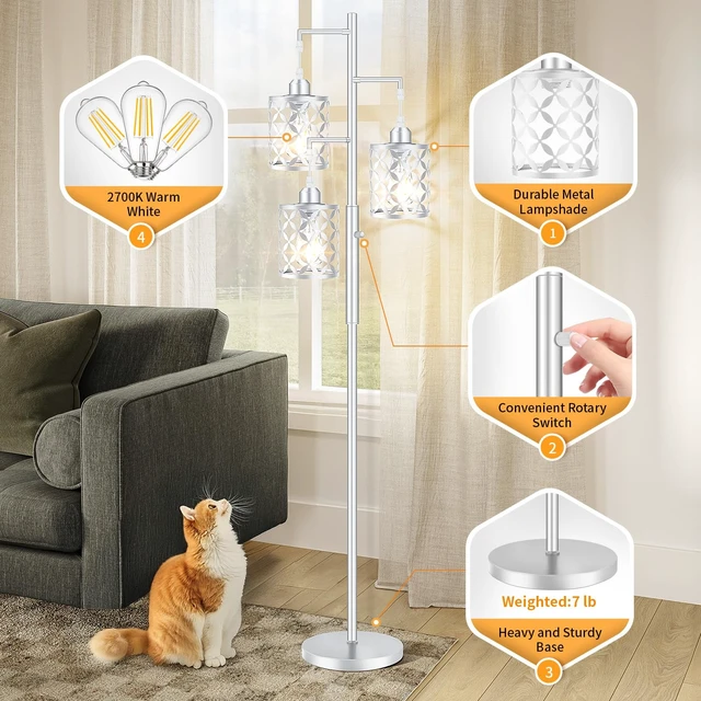 Alt view image 5 of 7 - GHOOCEMLUX 68" Modern Tree Floor Lamp, Dimmable Minimalist Tall Standing Lamp with Metal Cages & Rotary Dimmer Knob, Corner Decor Lighting for Living Room Bedroom Cafe, 3 x 800LM Bulbs Included-Silver