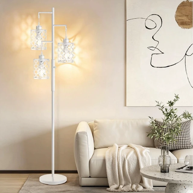 Alt view image 2 of 7 - GHOOCEMLUX 68" Modern Tree Floor Lamp, Dimmable Minimalist Tall Standing Lamp with Metal Cages & Rotary Dimmer Knob, Corner Decor Lighting for Living Room Bedroom Cafe, 3 x 800LM Bulbs Included -White