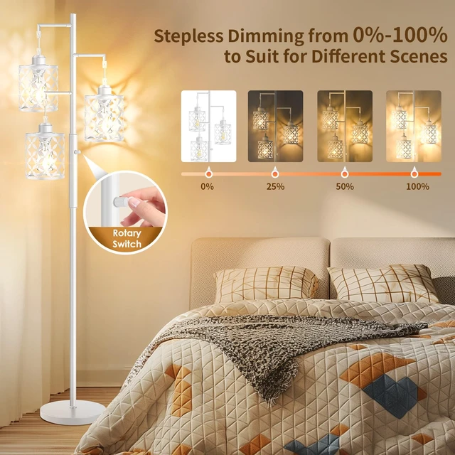 Alt view image 3 of 7 - GHOOCEMLUX 68" Modern Tree Floor Lamp, Dimmable Minimalist Tall Standing Lamp with Metal Cages & Rotary Dimmer Knob, Corner Decor Lighting for Living Room Bedroom Cafe, 3 x 800LM Bulbs Included -White