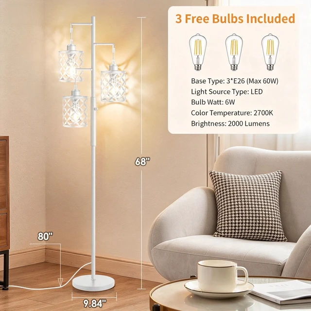 Alt view image 5 of 7 - GHOOCEMLUX 68" Modern Tree Floor Lamp, Dimmable Minimalist Tall Standing Lamp with Metal Cages & Rotary Dimmer Knob, Corner Decor Lighting for Living Room Bedroom Cafe, 3 x 800LM Bulbs Included -White