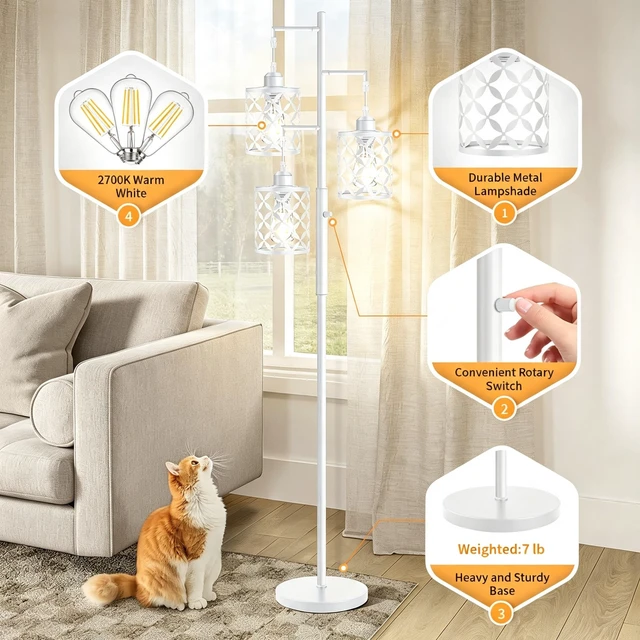 Alt view image 6 of 7 - GHOOCEMLUX 68" Modern Tree Floor Lamp, Dimmable Minimalist Tall Standing Lamp with Metal Cages & Rotary Dimmer Knob, Corner Decor Lighting for Living Room Bedroom Cafe, 3 x 800LM Bulbs Included -White