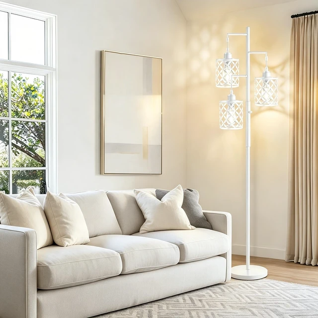 Alt view image 7 of 7 - GHOOCEMLUX 68" Modern Tree Floor Lamp, Dimmable Minimalist Tall Standing Lamp with Metal Cages & Rotary Dimmer Knob, Corner Decor Lighting for Living Room Bedroom Cafe, 3 x 800LM Bulbs Included -White