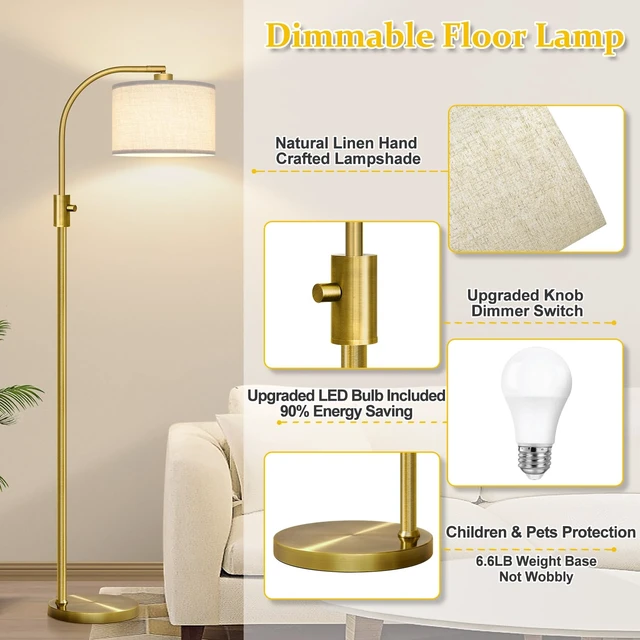 Alt view image 4 of 6 - Nintiue Upgraded Modern Arc Dimmable Tall Standing Floor Lamp with Linen Shade, 1200 Lumens LED Bulb Included, for Living & Reading Room, Bedroom, Office & Nursery, Brass
