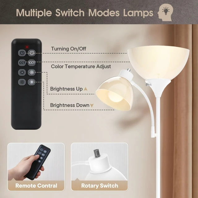 Alt view image 3 of 6 - GERGO Torchiere Floor Lamp with Remote Control and Adjustable Reading Light | 2 LED Bulbs Included, 2100LM Brightness, Stepless Dimming & 3000K-6000K Adjustable CCT for Living Room, Bedroom, Office