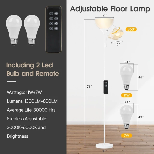 Alt view image 6 of 6 - GERGO Torchiere Floor Lamp with Remote Control and Adjustable Reading Light | 2 LED Bulbs Included, 2100LM Brightness, Stepless Dimming & 3000K-6000K Adjustable CCT for Living Room, Bedroom, Office