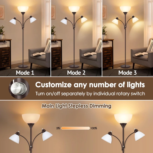 Alt view image 2 of 7 - Coucrek Torchiere Floor Lamps for Living Room, 72" Dimmable Reading Lamp | 3 Bulbs Included, Flexible Arm Reading Lights for Bedroom, Tall Standing Room Lamp