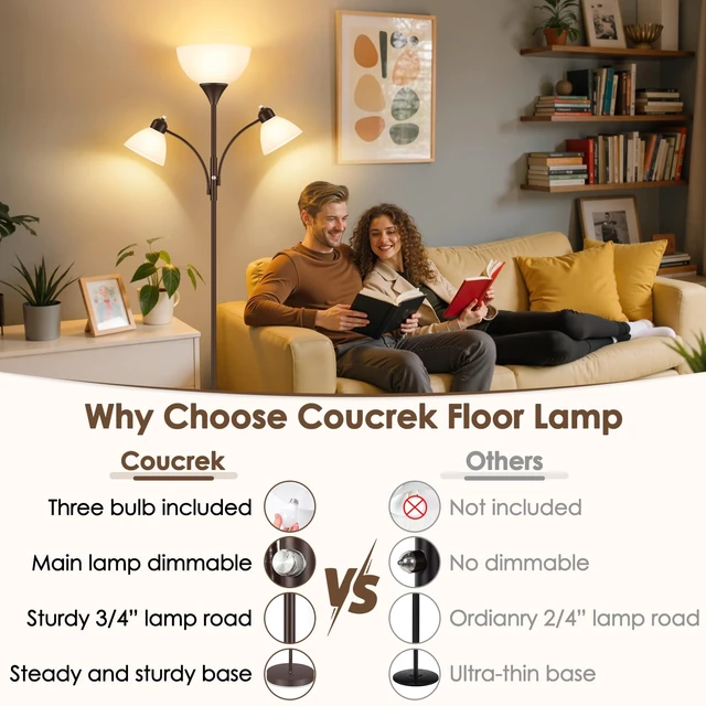 Alt view image 4 of 7 - Coucrek Torchiere Floor Lamps for Living Room, 72" Dimmable Reading Lamp | 3 Bulbs Included, Flexible Arm Reading Lights for Bedroom, Tall Standing Room Lamp