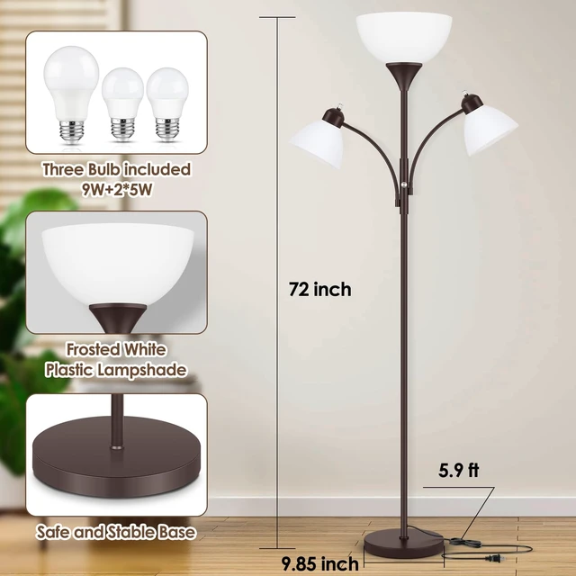 Alt view image 5 of 7 - Coucrek Torchiere Floor Lamps for Living Room, 72" Dimmable Reading Lamp | 3 Bulbs Included, Flexible Arm Reading Lights for Bedroom, Tall Standing Room Lamp