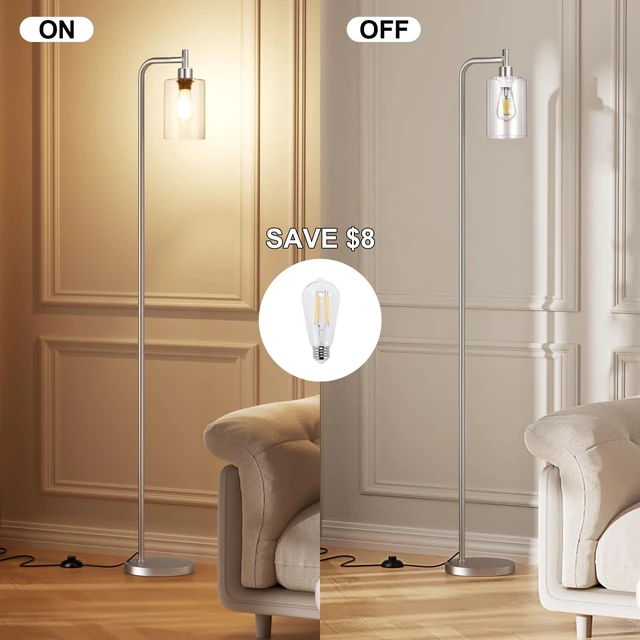 Alt view image 3 of 7 - Ziisee Floor Lamps for Living Room - Industrial Standing Lamp with Glass Shade, Modern Floor Lamp with LED Bulbs, Tall Lamp for Bedroom Office - Brushed Nickel