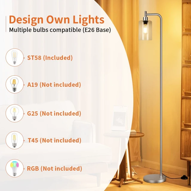 Alt view image 5 of 7 - Ziisee Floor Lamps for Living Room - Industrial Standing Lamp with Glass Shade, Modern Floor Lamp with LED Bulbs, Tall Lamp for Bedroom Office - Brushed Nickel