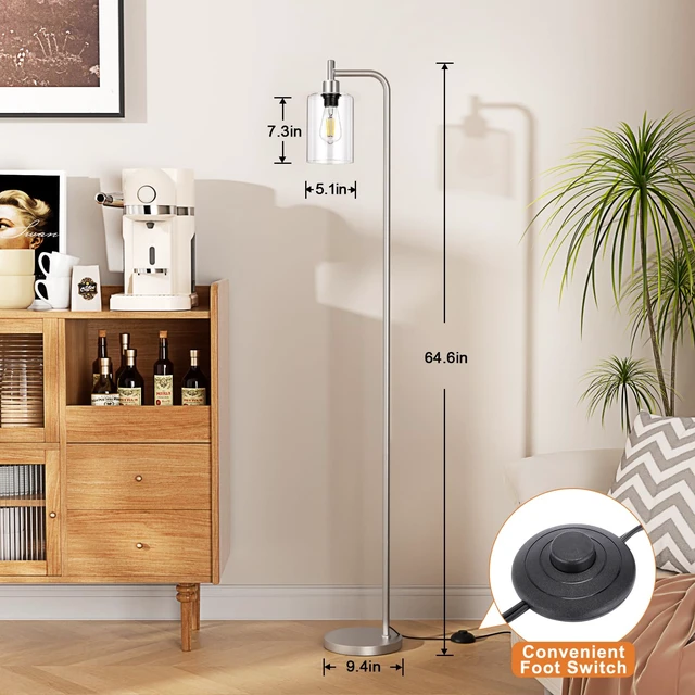 Alt view image 6 of 7 - Ziisee Floor Lamps for Living Room - Industrial Standing Lamp with Glass Shade, Modern Floor Lamp with LED Bulbs, Tall Lamp for Bedroom Office - Brushed Nickel