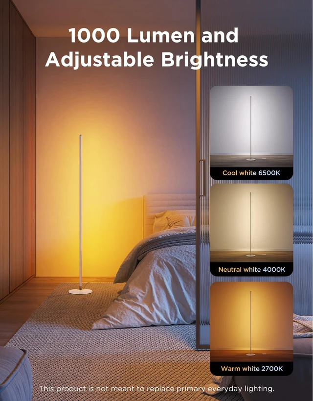 Alt view image 2 of 7 - Govee RGBIC Floor Lamp Basic, 1000lm LED Corner Lamp, Champagne | Works with Alexa, Smart Modern Floor Lamp with Music Sync and 16 Million DIY Colors, Color Changing Standing Lamp for Bedroom