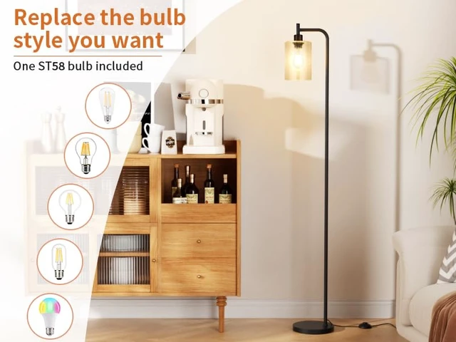 Alt view image 5 of 7 - Ziisee Floor Lamps for Living Room - Standing Lamp with Seeded Glass Shade, Modern Floor Lamp with LED Bulbs, Industrial Floor Lamp for Bedroom, Black Tall Lamp for Office(Light Bulb Included)
