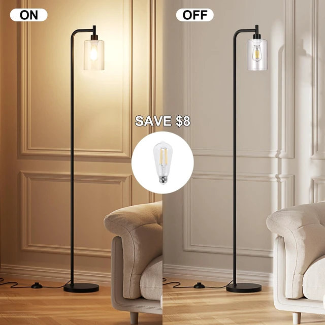 Alt view image 5 of 7 - Ziisee Industrial Floor Lamp with Glass Shade - Black, LED Bulbs, Foot Pedal Switch, Easy Assembly