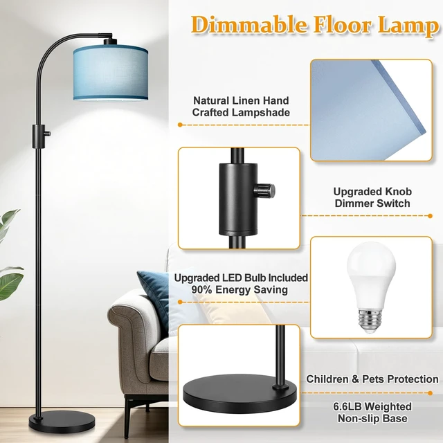 Alt view image 4 of 7 - Nintiue Dimmable Black Floor Lamp, 1200 Lumens LED Edison Bulb Included, Arc Gold Floor Lamps for Living Room Modern Standing Lamp with Sky Blue Shade