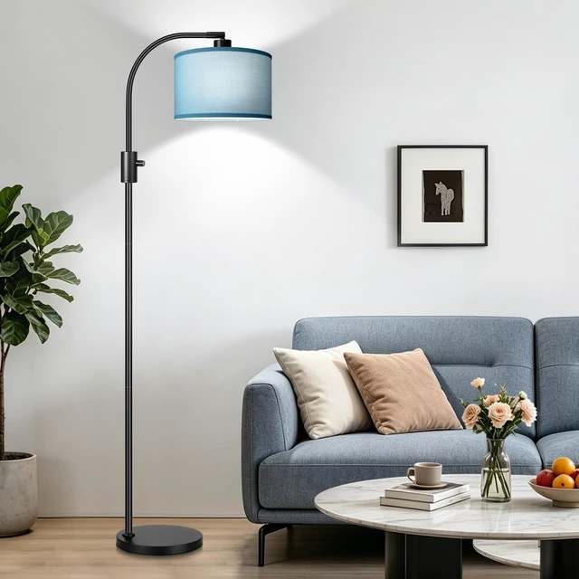 Alt view image 6 of 7 - Nintiue Dimmable Black Floor Lamp, 1200 Lumens LED Edison Bulb Included, Arc Gold Floor Lamps for Living Room Modern Standing Lamp with Sky Blue Shade