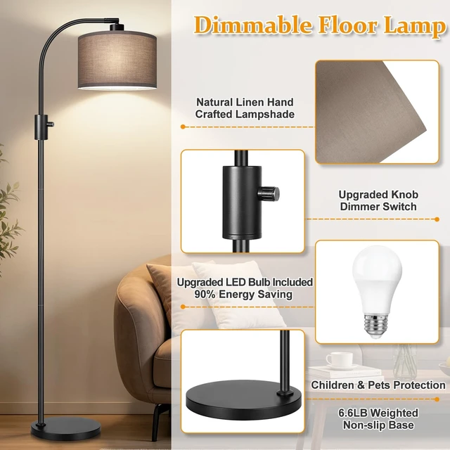 Alt view image 4 of 7 - Nintiue Dimmable Black Floor Lamp, 1200 Lumens LED Edison Bulb Included, Arc Gold Floor Lamps for Living Room Modern Standing Lamp with Khaki Shade