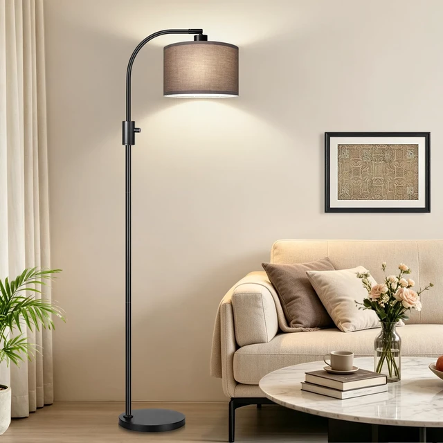 Alt view image 5 of 7 - Nintiue Dimmable Black Floor Lamp, 1200 Lumens LED Edison Bulb Included, Arc Gold Floor Lamps for Living Room Modern Standing Lamp with Khaki Shade