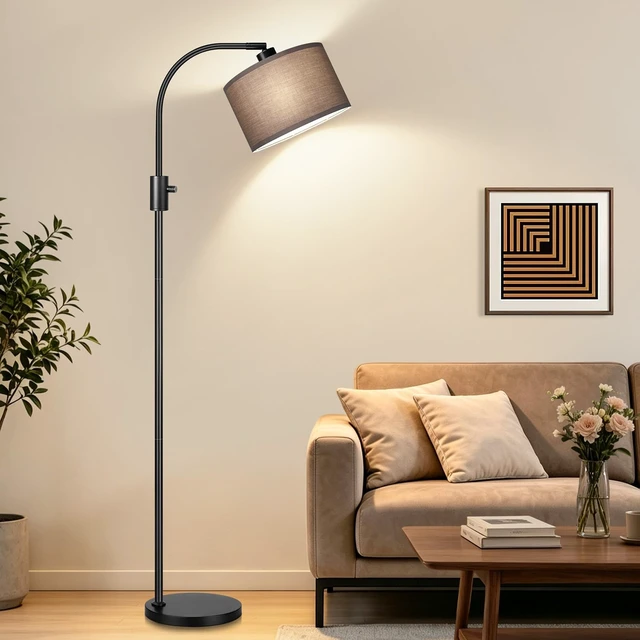 Alt view image 6 of 7 - Nintiue Dimmable Black Floor Lamp, 1200 Lumens LED Edison Bulb Included, Arc Gold Floor Lamps for Living Room Modern Standing Lamp with Khaki Shade