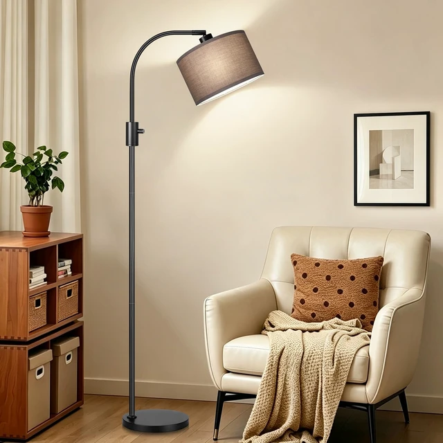 Alt view image 7 of 7 - Nintiue Dimmable Black Floor Lamp, 1200 Lumens LED Edison Bulb Included, Arc Gold Floor Lamps for Living Room Modern Standing Lamp with Khaki Shade