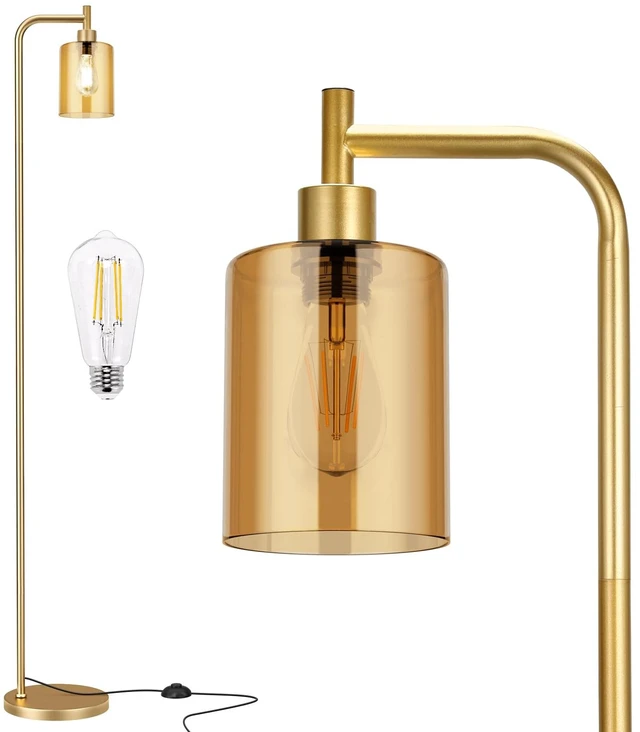 Main image of Ziisee Floor Lamps for Living Room - Gold Standing Lamp with Amber Glass Shade, Modern Floor Lamp with LED Bulbs, Bright Industrial Floor Lamp for Bedroom, Farmhouse Tall Lamp for Office