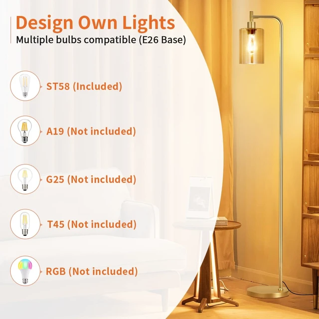 Alt view image 4 of 7 - Ziisee Floor Lamps for Living Room - Gold Standing Lamp with Amber Glass Shade, Modern Floor Lamp with LED Bulbs, Bright Industrial Floor Lamp for Bedroom, Farmhouse Tall Lamp for Office
