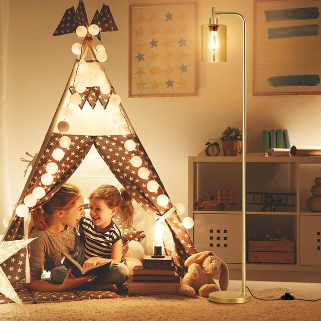 Alt view image 3 of 7 - Ziisee Floor Lamps for Living Room - Gold Standing Lamp with Amber Glass Shade, Modern Floor Lamp with LED Bulbs, Bright Industrial Floor Lamp for Bedroom, Farmhouse Tall Lamp for Office