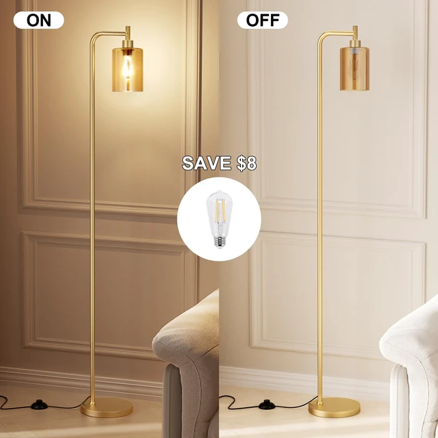 Alt view image 2 of 7 - Ziisee Floor Lamps for Living Room - Gold Standing Lamp with Amber Glass Shade, Modern Floor Lamp with LED Bulbs, Bright Industrial Floor Lamp for Bedroom, Farmhouse Tall Lamp for Office