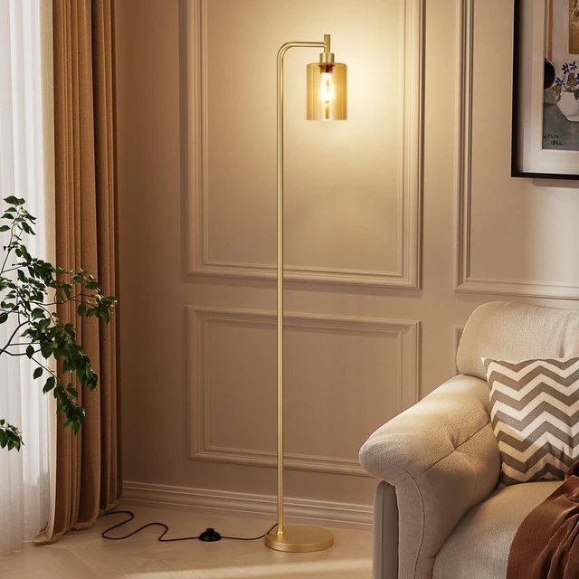 Alt view image 7 of 7 - Ziisee Floor Lamps for Living Room - Gold Standing Lamp with Amber Glass Shade, Modern Floor Lamp with LED Bulbs, Bright Industrial Floor Lamp for Bedroom, Farmhouse Tall Lamp for Office