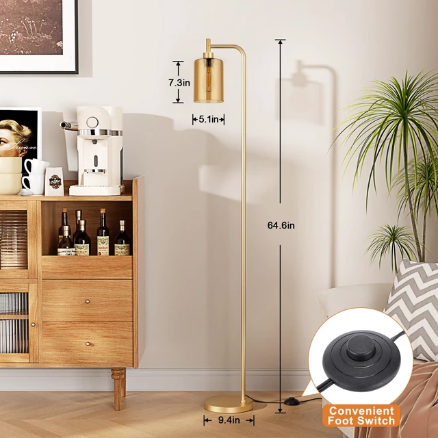 Alt view image 5 of 7 - Ziisee Floor Lamps for Living Room - Gold Standing Lamp with Amber Glass Shade, Modern Floor Lamp with LED Bulbs, Bright Industrial Floor Lamp for Bedroom, Farmhouse Tall Lamp for Office