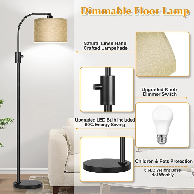 Alt view image 4 of 7 - Nintiue Upgraded Modern Arc Dimmable Tall Standing Floor Lamp with Champagne Shade, 1200 Lumens LED Bulb Included, for Living & Reading Room, Bedroom, Office & Nursery, Black