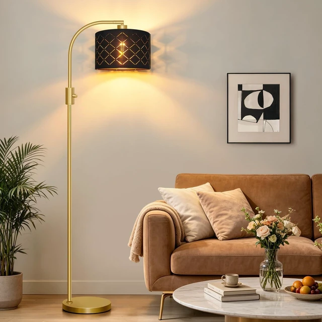 Main image of Nintiue Dimmable Floor Lamp, 1200 Lumens LED Edison Bulb Included, Arc Gold Floor Lamps for Living Room Modern Standing Lamp with Black Grid Shade
