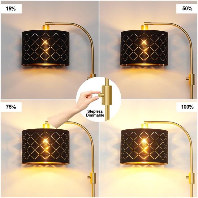 Alt view image 3 of 7 - Nintiue Dimmable Floor Lamp, 1200 Lumens LED Edison Bulb Included, Arc Gold Floor Lamps for Living Room Modern Standing Lamp with Black Grid Shade