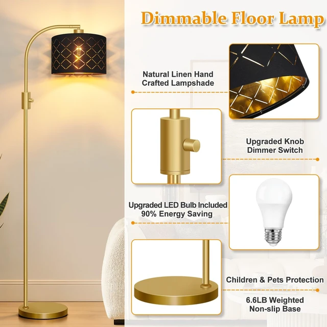 Alt view image 4 of 7 - Nintiue Dimmable Floor Lamp, 1200 Lumens LED Edison Bulb Included, Arc Gold Floor Lamps for Living Room Modern Standing Lamp with Black Grid Shade