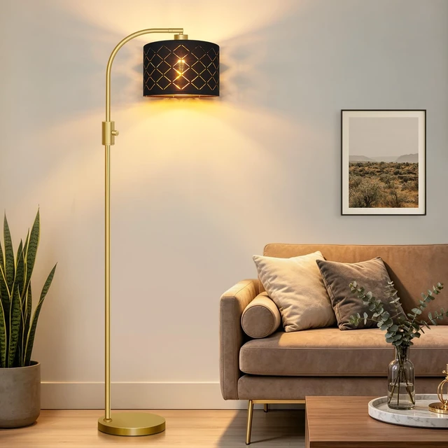 Alt view image 5 of 7 - Nintiue Dimmable Floor Lamp, 1200 Lumens LED Edison Bulb Included, Arc Gold Floor Lamps for Living Room Modern Standing Lamp with Black Grid Shade