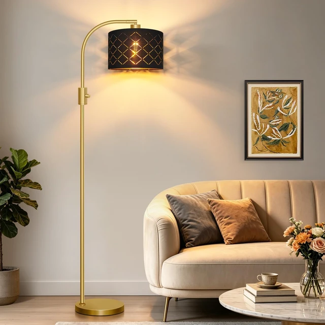 Alt view image 6 of 7 - Nintiue Dimmable Floor Lamp, 1200 Lumens LED Edison Bulb Included, Arc Gold Floor Lamps for Living Room Modern Standing Lamp with Black Grid Shade