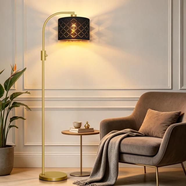 Alt view image 7 of 7 - Nintiue Dimmable Floor Lamp, 1200 Lumens LED Edison Bulb Included, Arc Gold Floor Lamps for Living Room Modern Standing Lamp with Black Grid Shade