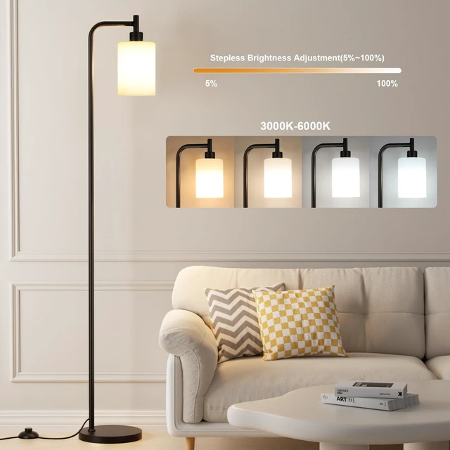 Alt view image 2 of 7 - Ziisee Floor Lamps for Living Room - Standing Lamp with Remote Control Glass Shade, Modern Floor Lamp with LED Bulbs, Bright Industrial Floor Lamp for Bedroom, Black Tall Lamp for Office