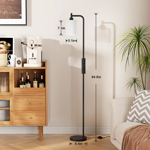 Alt view image 6 of 7 - Ziisee Floor Lamps for Living Room - Standing Lamp with Remote Control Glass Shade, Modern Floor Lamp with LED Bulbs, Bright Industrial Floor Lamp for Bedroom, Black Tall Lamp for Office