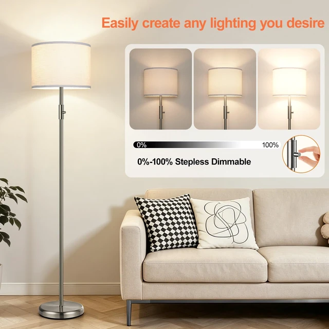 Alt view image 2 of 7 - Floor Lamp Simple Design with White Shade, Small Tall Lamps for Living Room Bedroom Office Dining Room Kitchen, Sliver Pole Lamp-Sliver