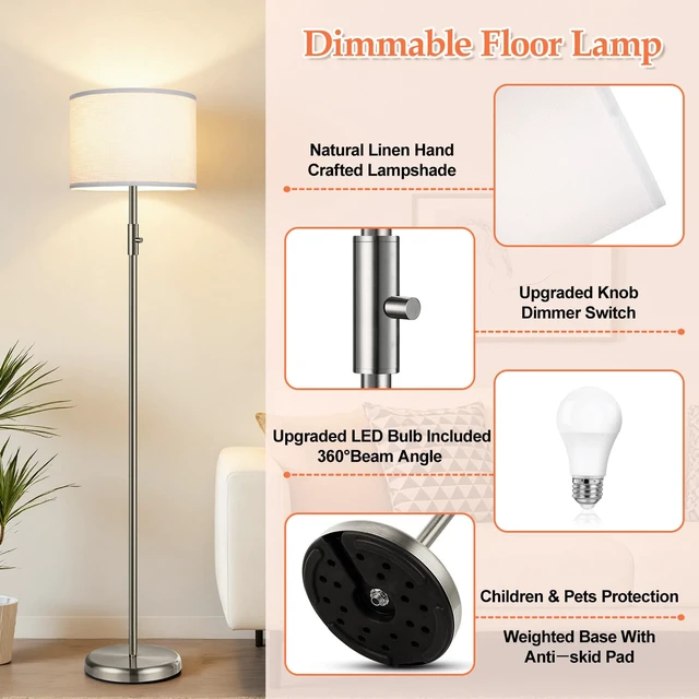 Alt view image 4 of 7 - Floor Lamp Simple Design with White Shade, Small Tall Lamps for Living Room Bedroom Office Dining Room Kitchen, Sliver Pole Lamp-Sliver