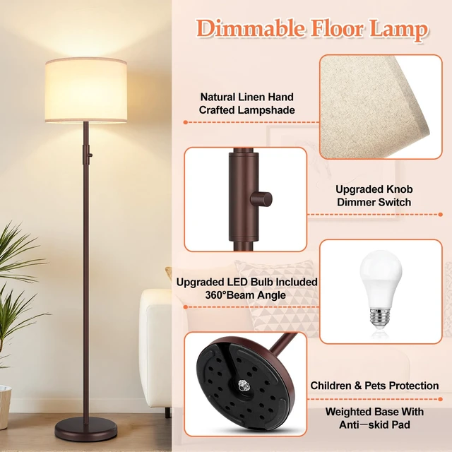 Alt view image 4 of 7 - Yemela Upgraded Dimmable Floor Lamp, Modern Floor Lamps for Living Room, Standing Lamp with Linen Shade, Tall Lamp for Bedroom Office Dining Room- Brown